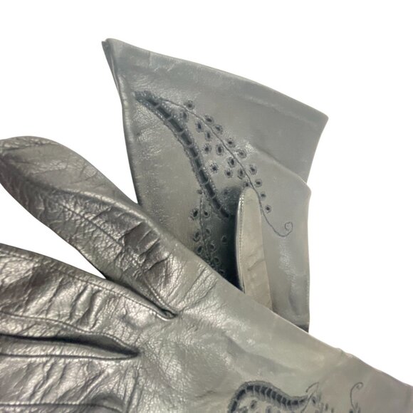 Vintage Women's Black Leather Gloves Intricate Paisley Embroidery Design - Picture 5 of 12
